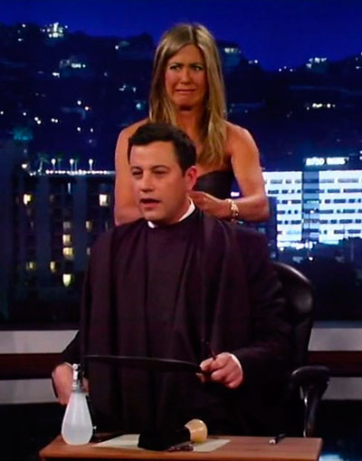 jennifer aniston jimmy kimmel hair cut xposure